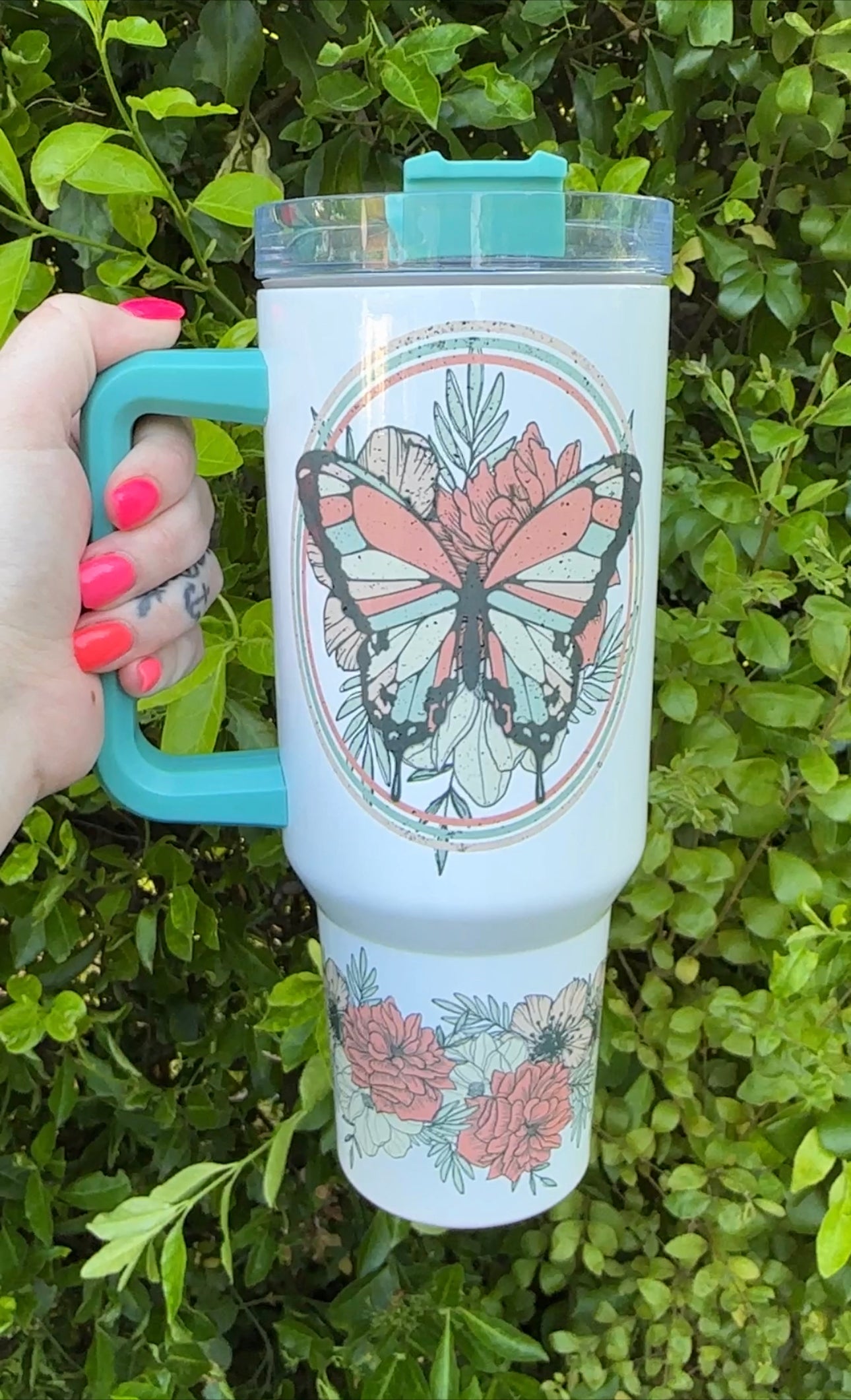 40oz Tumbler With Handle Floral Butterfly