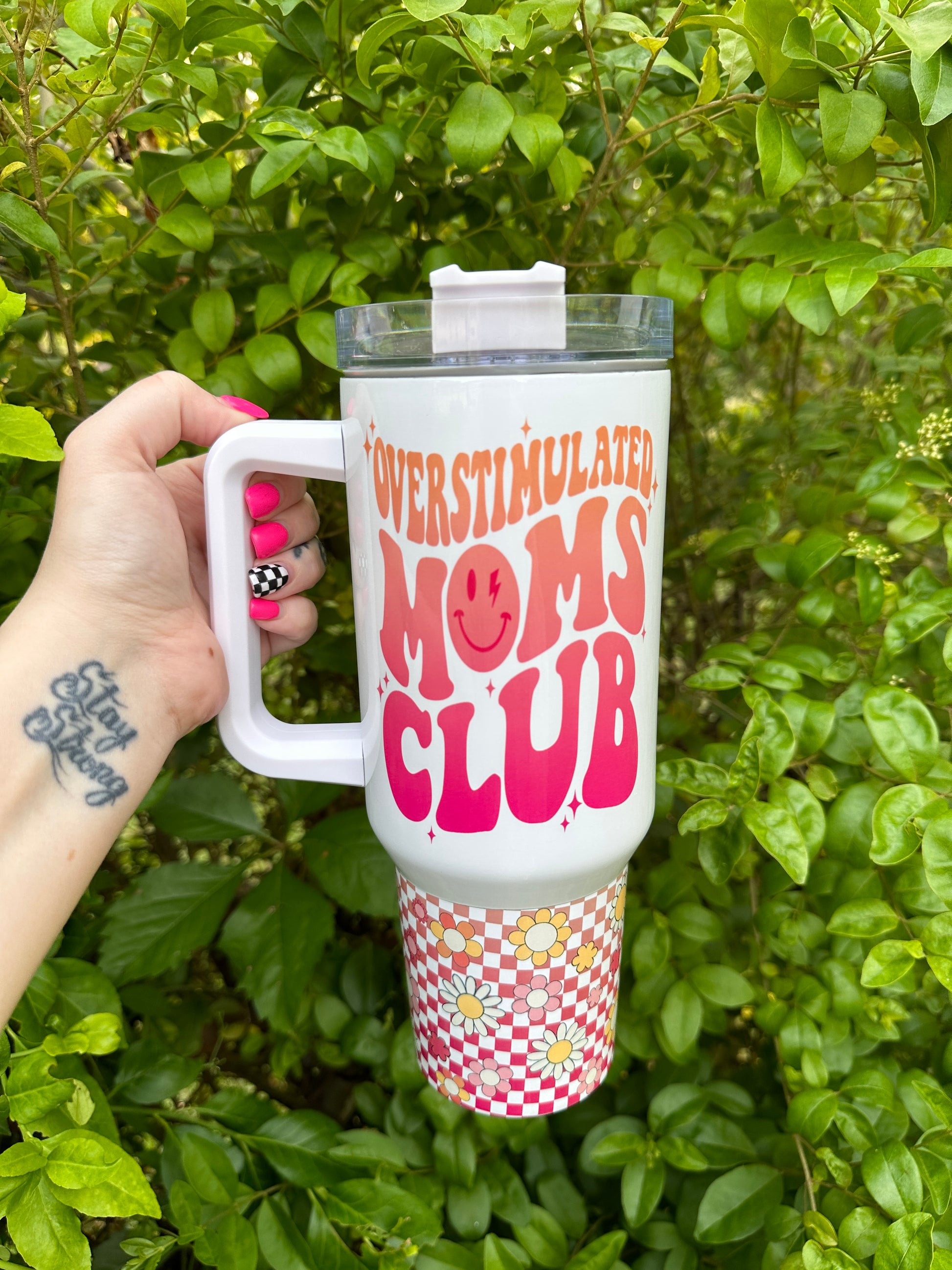 40oz Tumbler With Handle Over Stimulated Moms Club