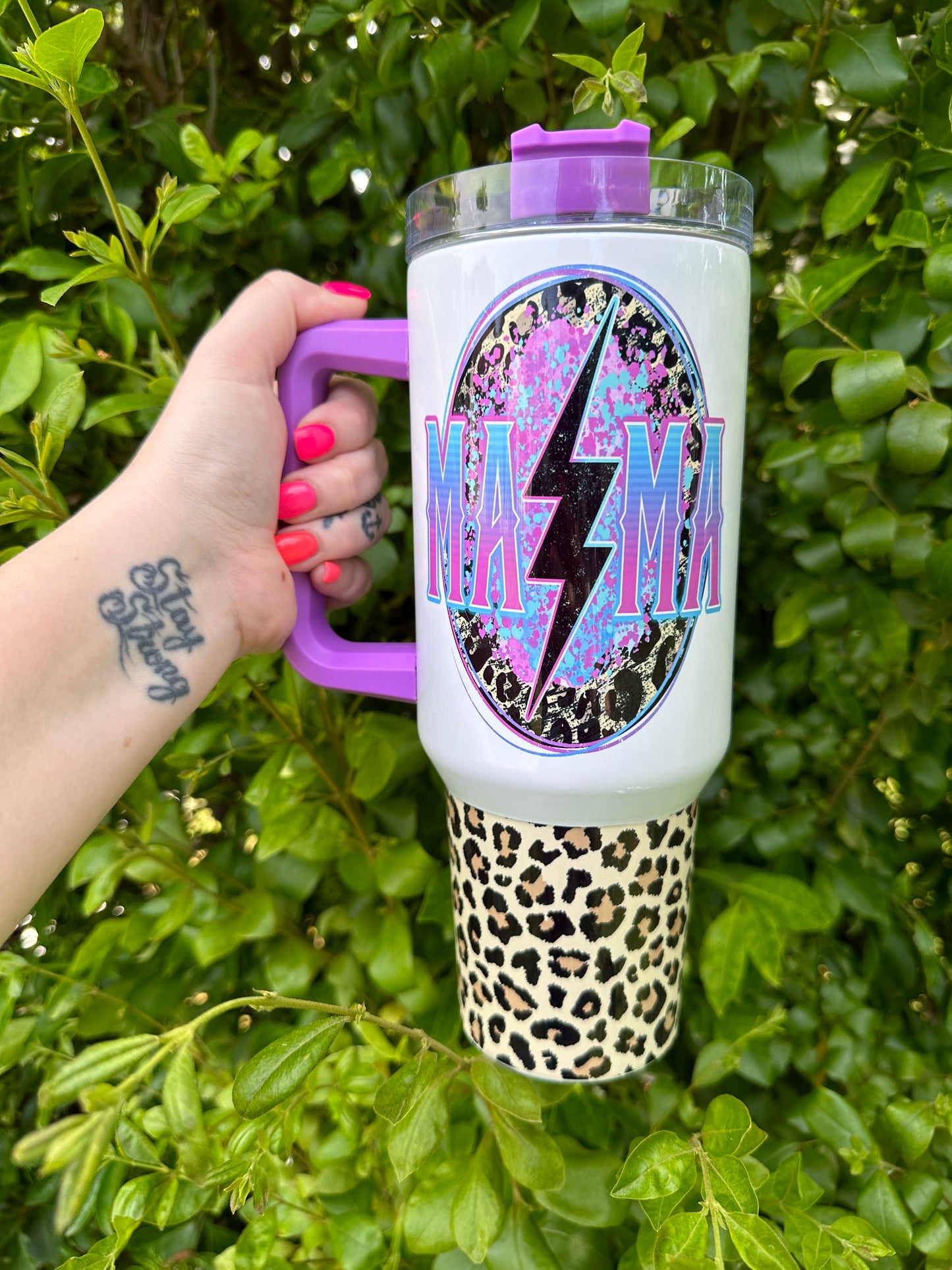 40oz Tumbler With Handle Purple Mama Leopard Bolt – That Crafty